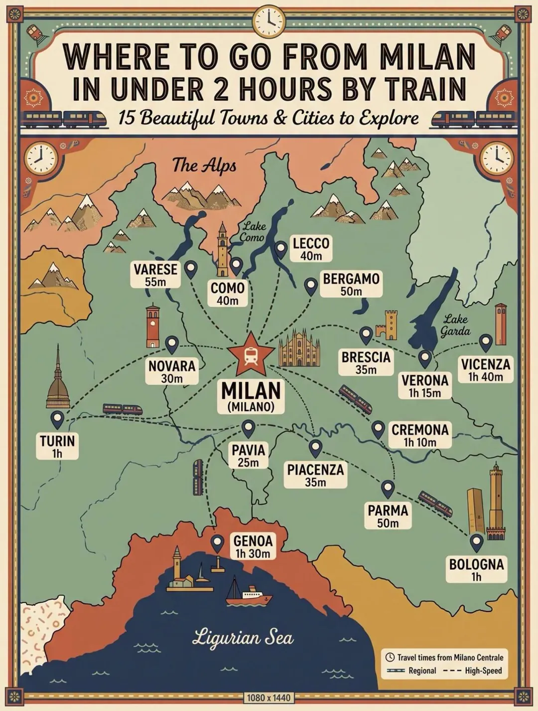 Hartă ilustrată: 15 destinații cu trenul din Milano